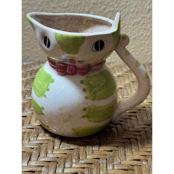 Vintage Ceramic Cat Shaped Creamer Pitcher With Crackle Glaze Finish - Picture 1 of 9